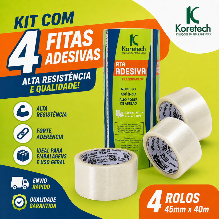 4 Rolos Fita para Embalagem Koretech Transparente 45mm x 40m Profissional