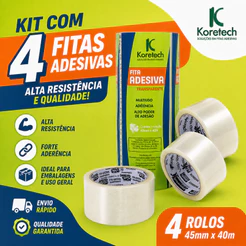 4 Rolos Fita para Embalagem Koretech Transparente 45mm x 40m Profissional