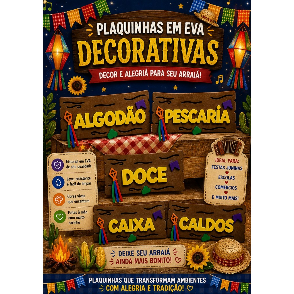 Plaquinhas Decorativas Festa Junina EVA – Barraca Arraiá (Milho, Quentão, Pipoca, Doces, Salgados, Bolos, Pescaria, Jogo
