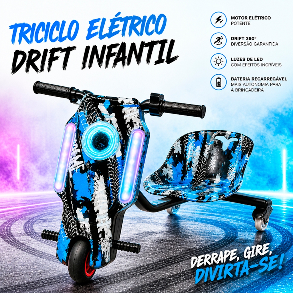 Triciclo Elétrico Drift Infantil 250W Com Luz LED Bluetooth MP3 6" Polegadas Bateria Longa Duração