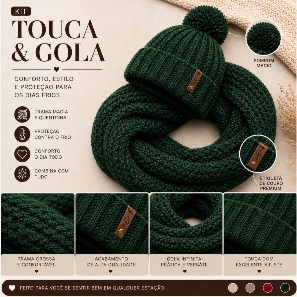 Kit Inverno Feminino Touca e Gola Tricot | Gorro com Pompom Quentinho Sofisticado  Confortável