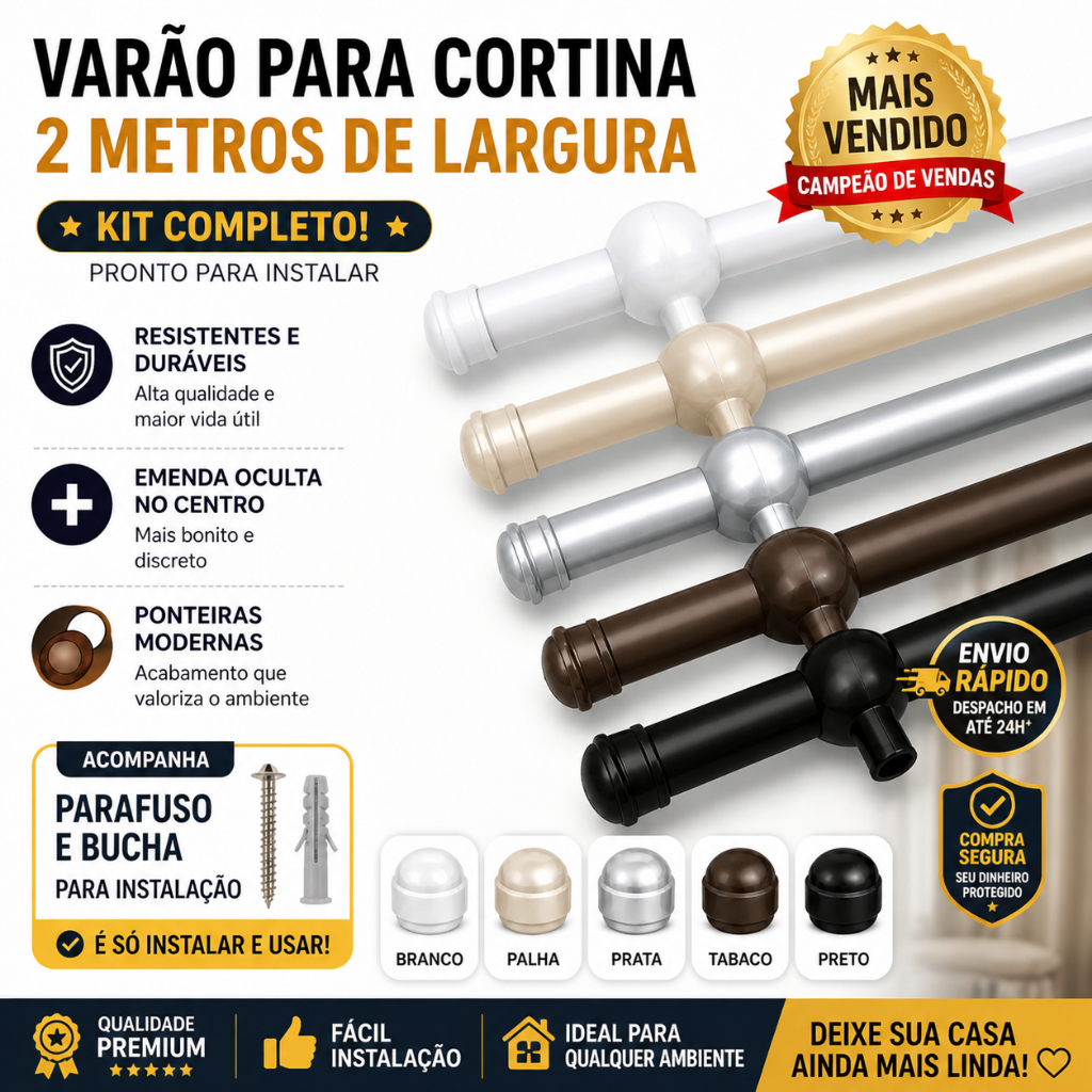 Varão de Cortina 2 Metros Kit Completo com Suporte