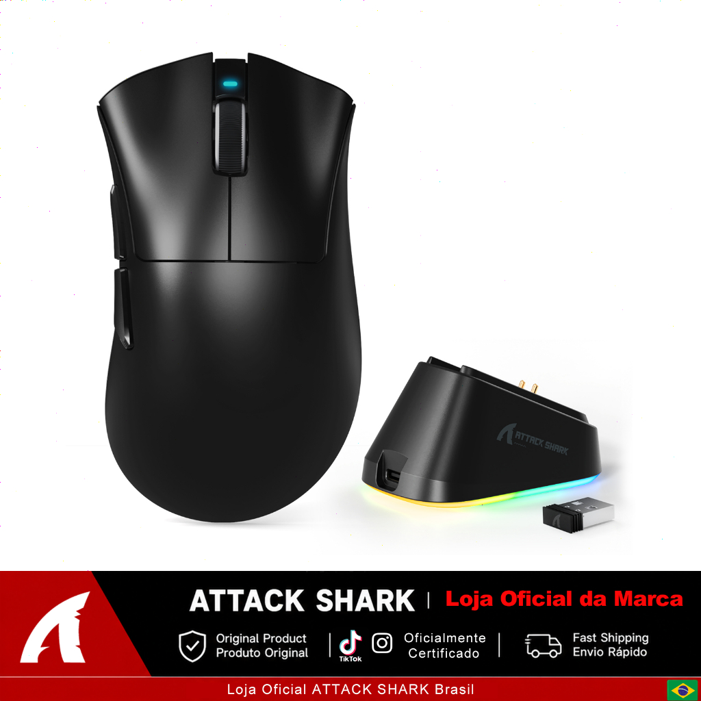 ATTACK SHARK Mouse Gamer V3 Pro Sem Fio 25K DPI 62g com Dock Magnético