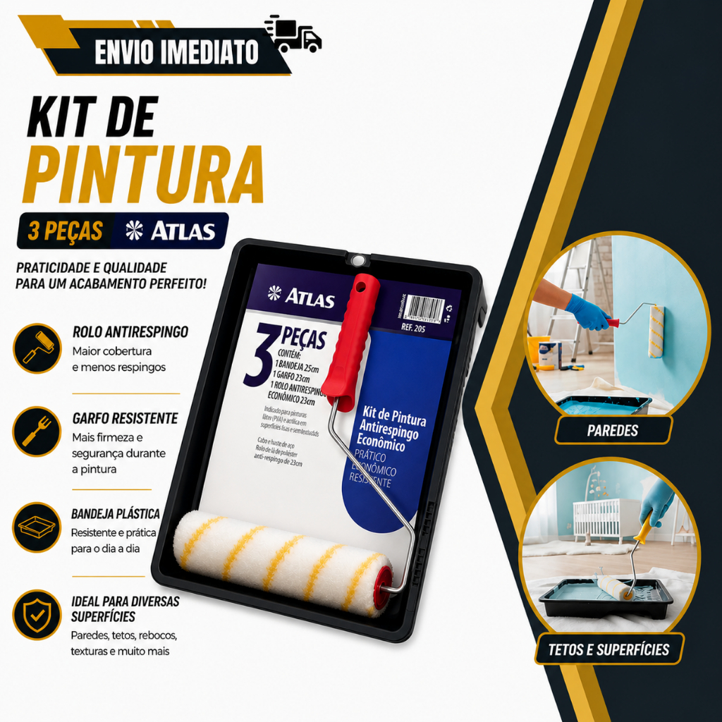 Kit De Pintura 3 Peças  Atlas Antirespingo Bandeja Garfo Rolo Pintura