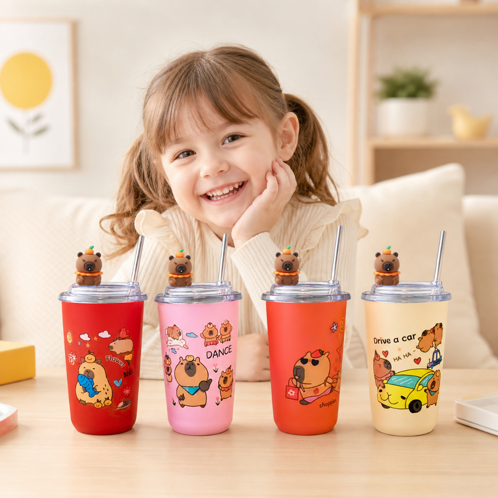Copo Térmico 450ml Inox com Tampa e Canudo Copo Infantil Cute Isolado Bebida Fria/Quente