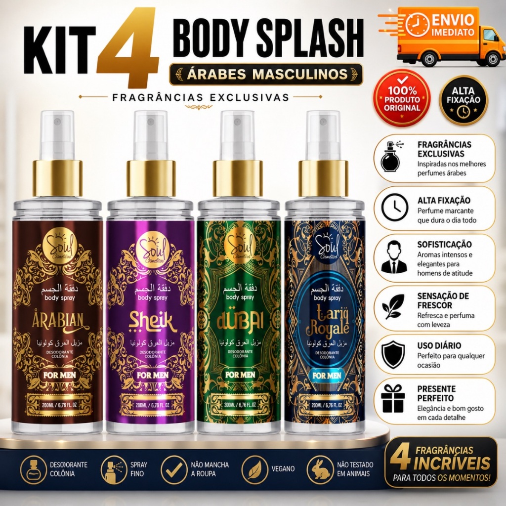 KIT 4 BODY SPLASH ÀRABE MASCULINO 200 ML COLONIA DESODORANTE PERFUME ARABE MASUCILINO ENVIO IMEDIATO