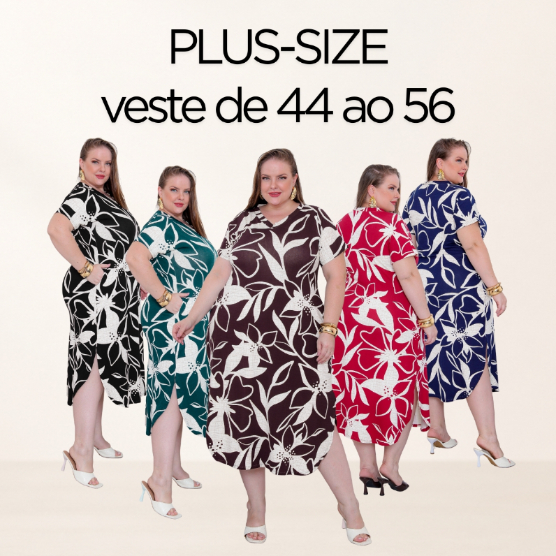 Vestido Plus Size Midi Longo Estampado Floral Gola V Bolso Fenda Laterais Moda Evangelica 44 ao 58