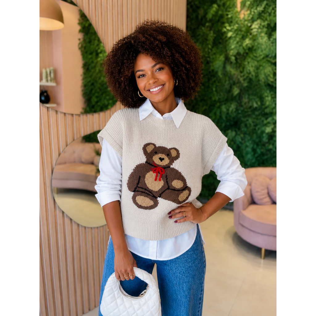 Colete Tricot Feminino Urso com Laço Inverno 2026 Bella Donna Tricot