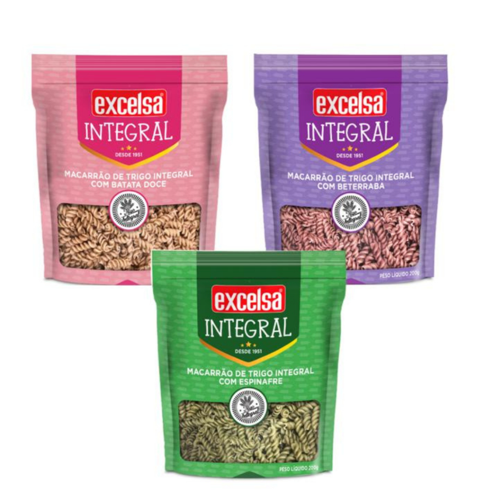 Macarrão Espiral Integral Espinafre + Beterraba + Batata Doce [3x] 200g Zero Ovos Zero Lactose - Excelsa
