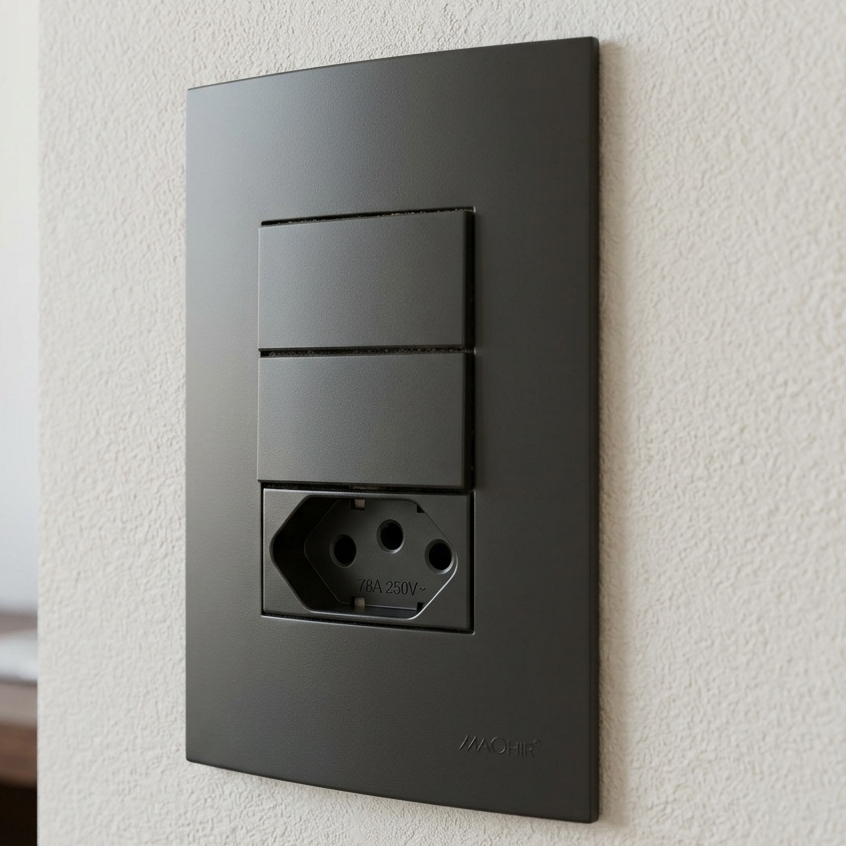 Conjunto Interruptor Duplo com Tomada 10A Margirius 4x2 Preto Fosco Clean Ebony Completo