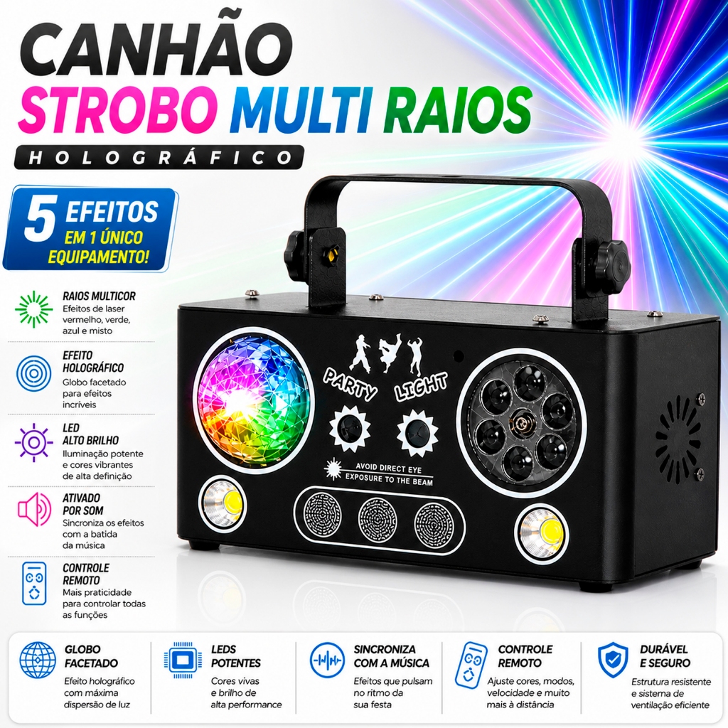 Strobo Canhão Multi Raios Laser RGB 5 em 1 Projetor Holográfico Efeito DMX para Festas Baladas
