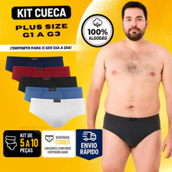 Kit Cueca Slip Plus Size Masculina 100% Algodão | G1 G2 G3 | Conforto Extra Não Aperta | Cores Variadas | Cueca Grande