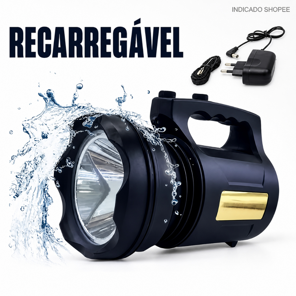 Lanterna Holofote LED T6 30W Recarregável Bivolt Preto Pesca Trilha Camping Queda de Energia Luz de emergência Resistent