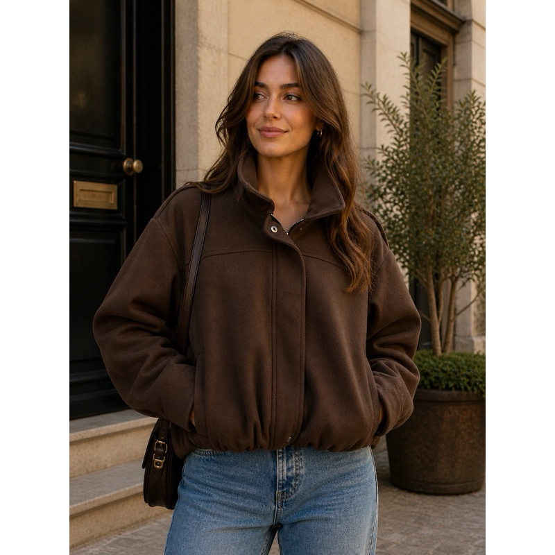 Blusa Bomber Jaqueta Oversize Feminina Gola Alta com Zíper e Bolsos Lã Batida Inverno Elegante Casual