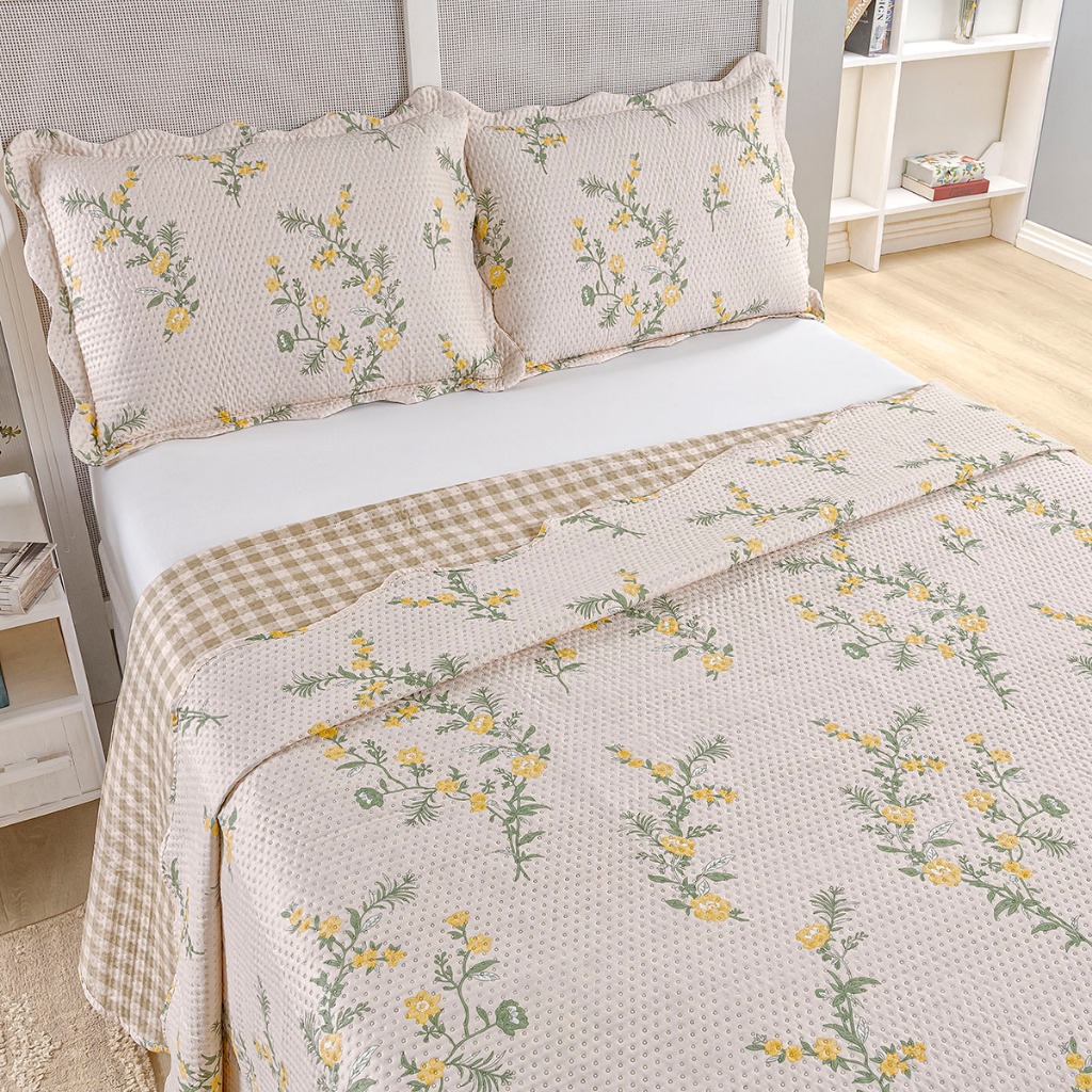 Kit Cobre Leito Colcha Casal Bouti 3 Peças Dupla Face Estampada Porta Travesseiro Aba Amer...