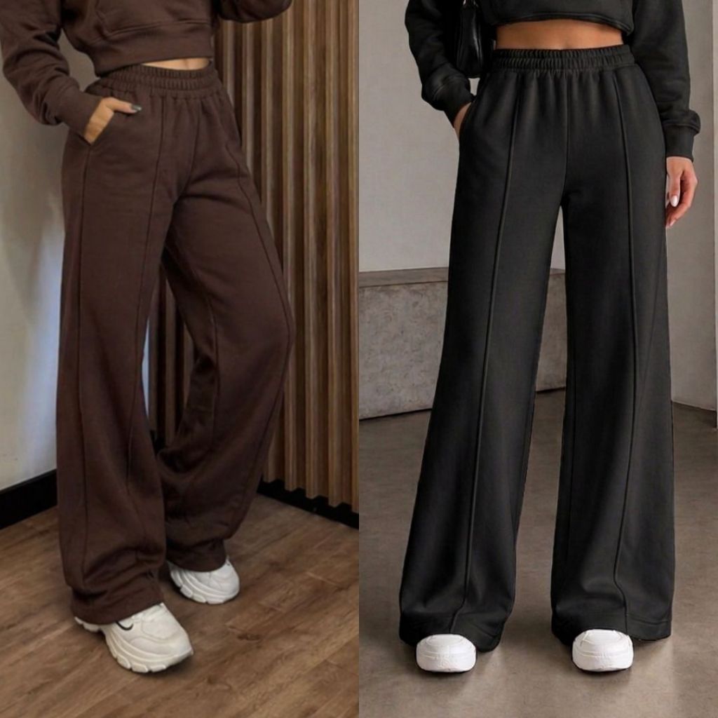 Detalhes do Calça Moletom Wide Leg Feminina Cintura Alta Premium Conforto Moda Inverno