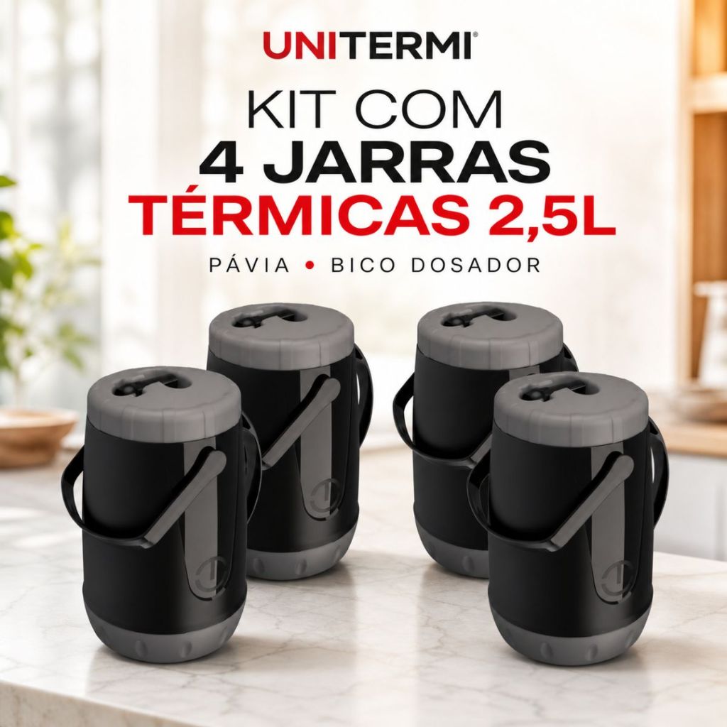Kit 4 Jarras Garrafa Térmica 2,5L Unitermi Pávia Bico Dosador Café Chá Suco Tererê Água Quente Fria Galão de agua