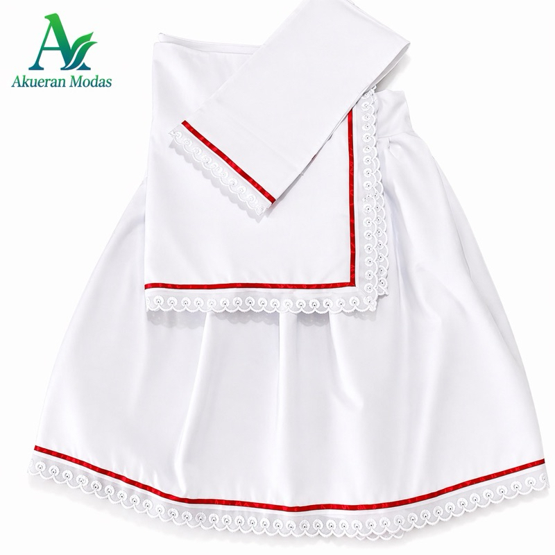 Conjunto 3 Peças Branco Umbanda e Candomblé – Saia, Pano da Costa e Pano de Cabeça com Bordado Inglês e Fita vermelha.