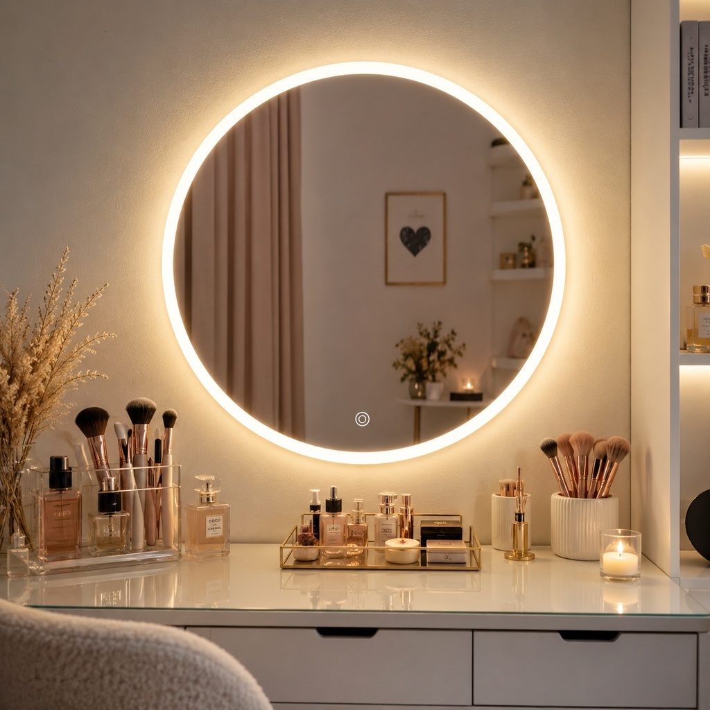 Espelho Decorativo Redondo LED Lapidado Com Fonte Para Banheiro Quarto Sala