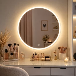 Espelho Decorativo Redondo LED Lapidado Com Fonte Para Banheiro Quarto Sala