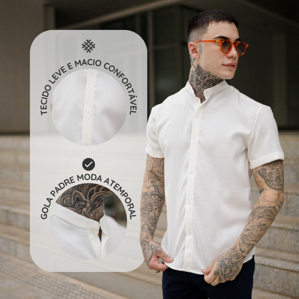 Camisa Gola Padre Manga Curta Masculina Tecido Linhão com Aspecto em linho Estilo Europeu - Estilo Mauricinho