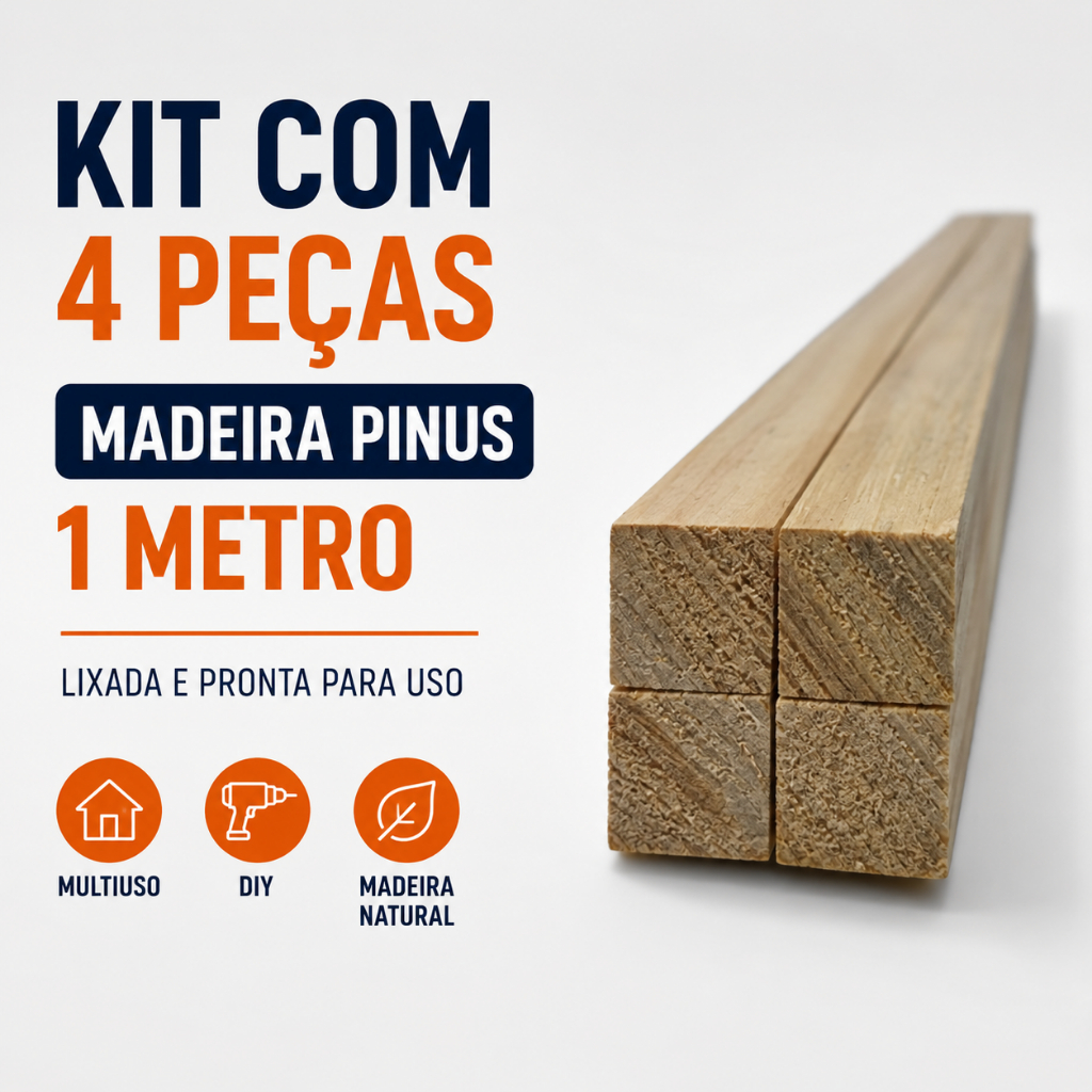 Quadrado Madeira Pinus Kit 4 Unid 1,9x1,9x100cm Artesanato Construção