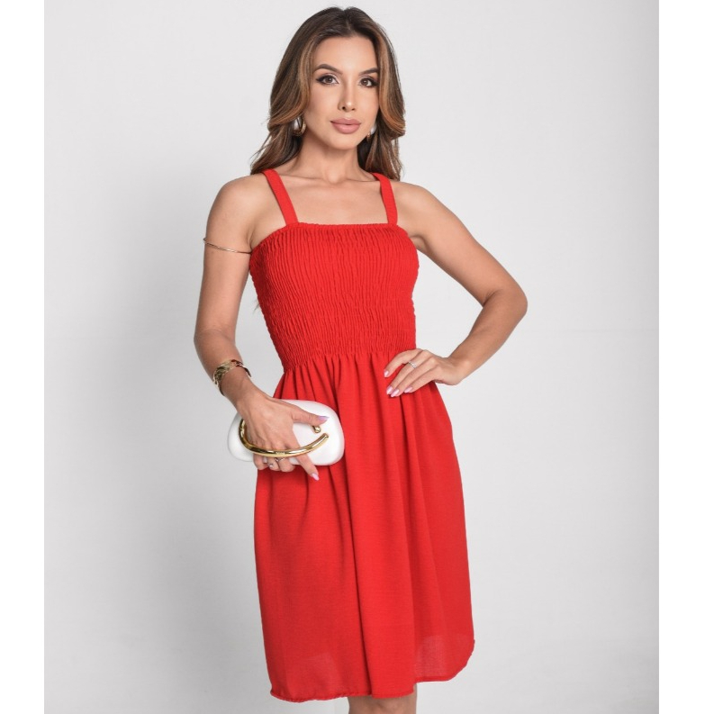 Vestido Feminino Curto com Alça Liso Tecido Duna Liso Verão Casual