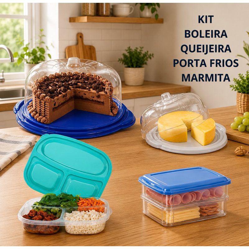 Kit 1 Boleira 1 Queijeira 1 Porta Frios Duplo E 1 Marmita 3 Divisórias Cores Sortidas Organização Cozinha