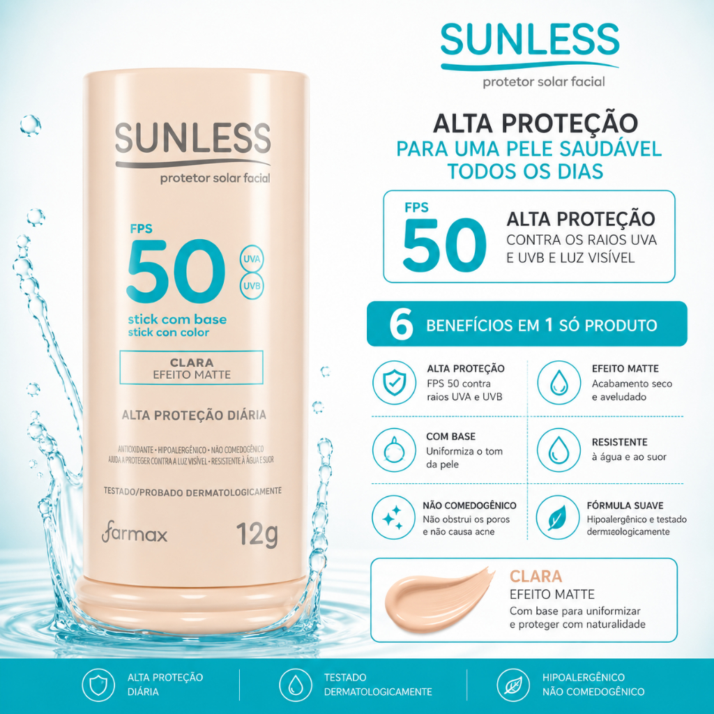 Protetor Solar Facial Sunless Stick FPS 50 12g Com Base Clara Extra Clara Neutra Média Bronze Proteção UV Alta Cobertura