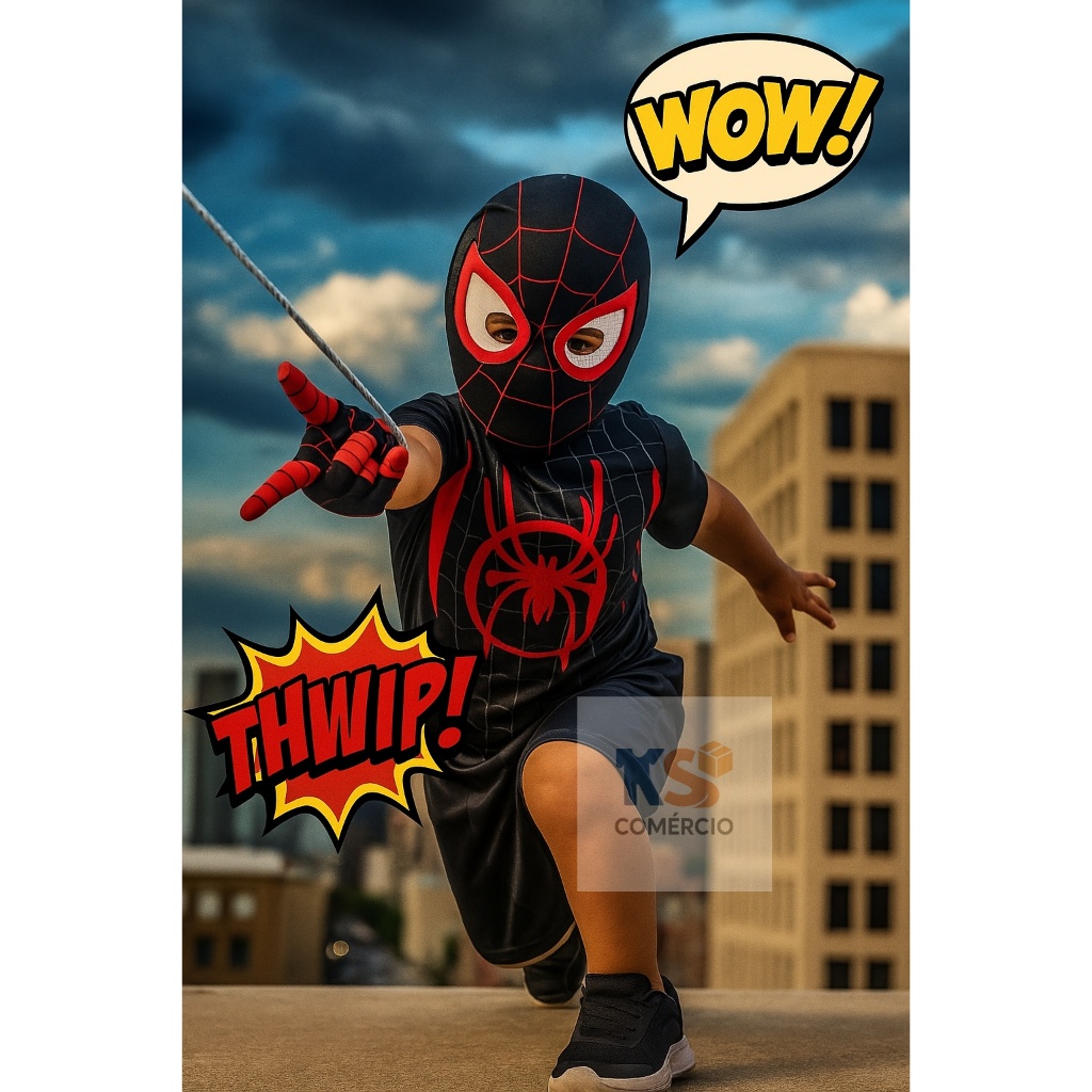 Fantasia Infantil Homem-Aranha Black – Macacão Curto + Máscara EVA (2 a 8 Anos) Pronta Entrega
