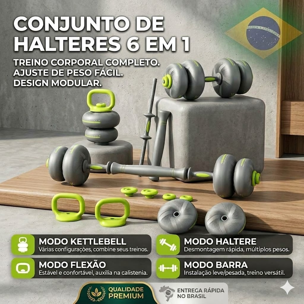 Alteres musculação Kit Halteres 6 Em 1 Musculação Até 20kg Ajustável Kettlebell Barra Anilha