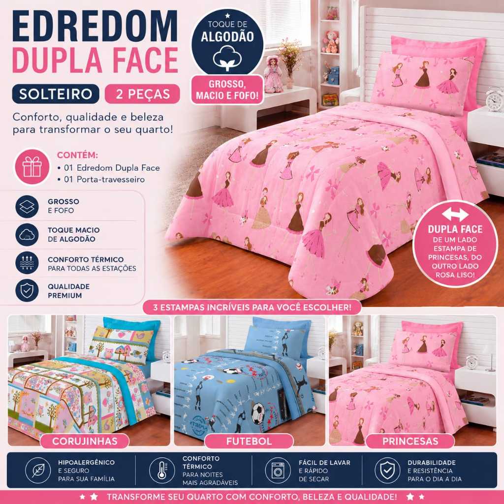 Kit Edredom Solteiro 100% Algodão  Dupla Face Estampa Azul Rosa Colorido Menino e Menina 2 Peças