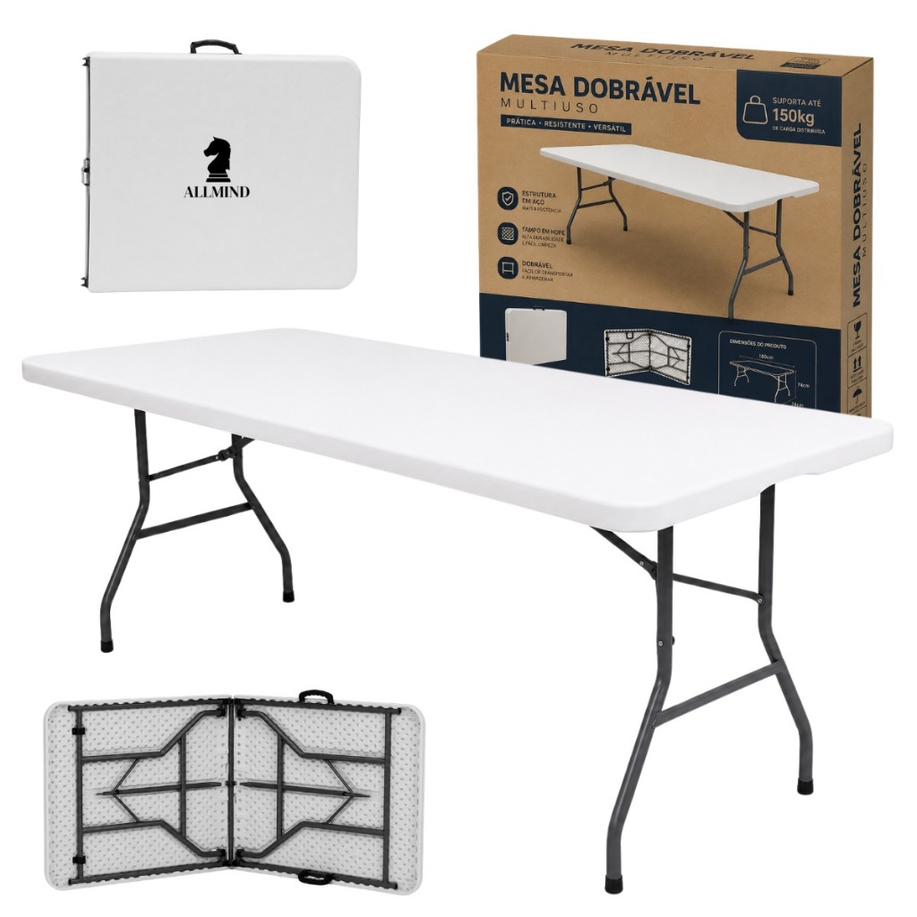 Mesa Dobravel Portatil Maleta de Camping Com Alça Praia Churrasco Branca Reforçada