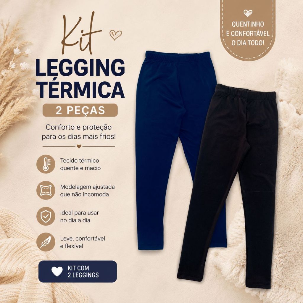 Kit Legging Escolar Lisa Preta e Azul Marinho Feminina Menina Infantil Juvenil Calça Peluciada Dentro 4 ao 16