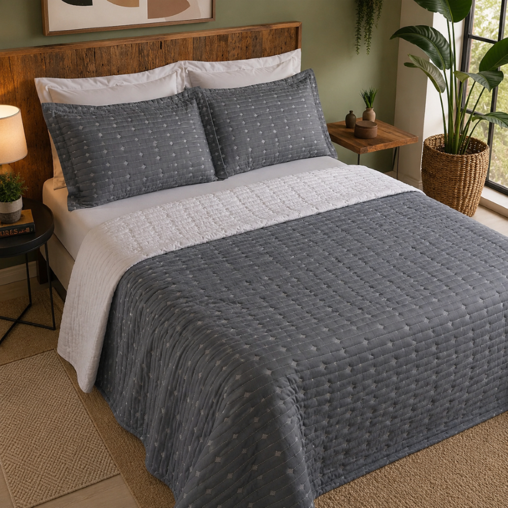Kit Colcha Cobre Leito Decor Luxo Casal Percal 200 Fios–Bordado Elegante Toque Macio- Moderno
