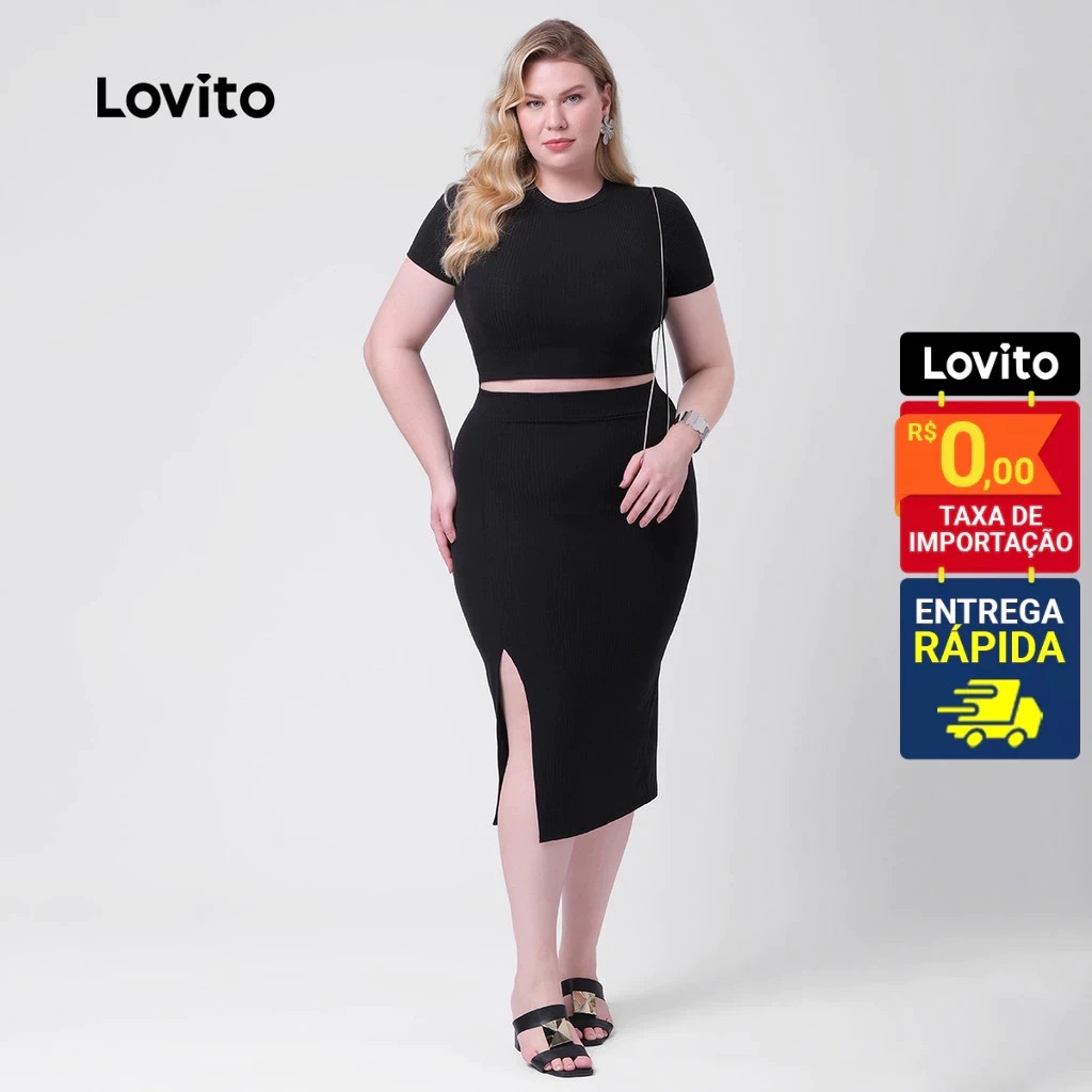 Lovito Conjunto Feminino Malha Blusa e Saia Midi Plus Size BRKSB320BRL349