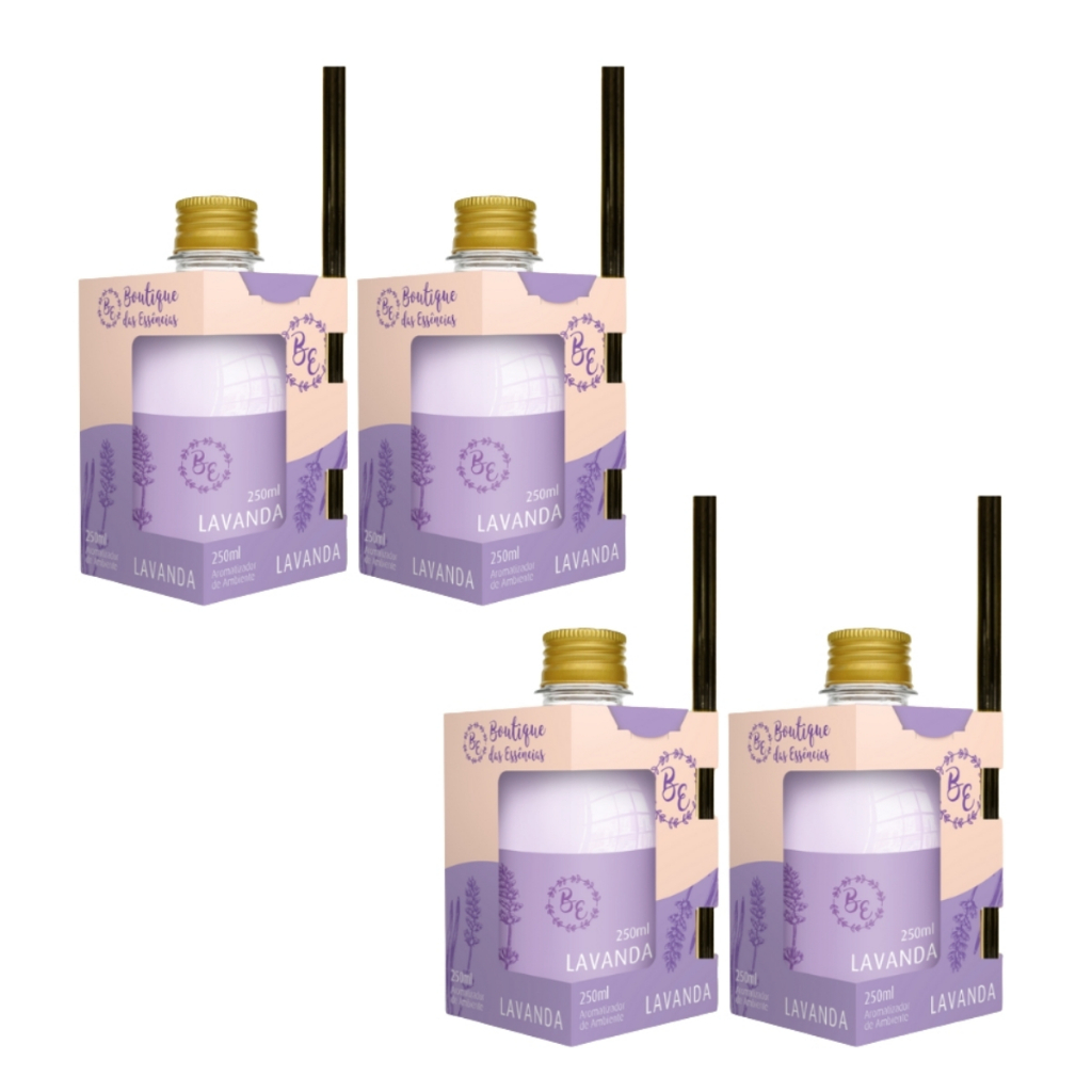 Kit 4 Aromatizador Ambiente 250ml Varetas BE Lavanda Perfume Ambiente Premium