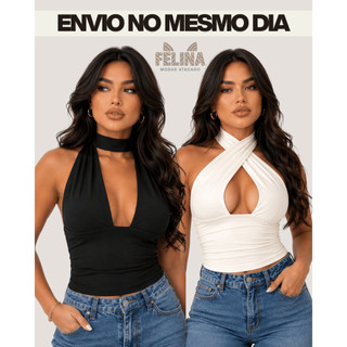 Top CroppedBlusa Frente Única Amarraçao No Pescoço Multi forma Decote Moda Gringa Decotado Suplex Slim ao Plus Size