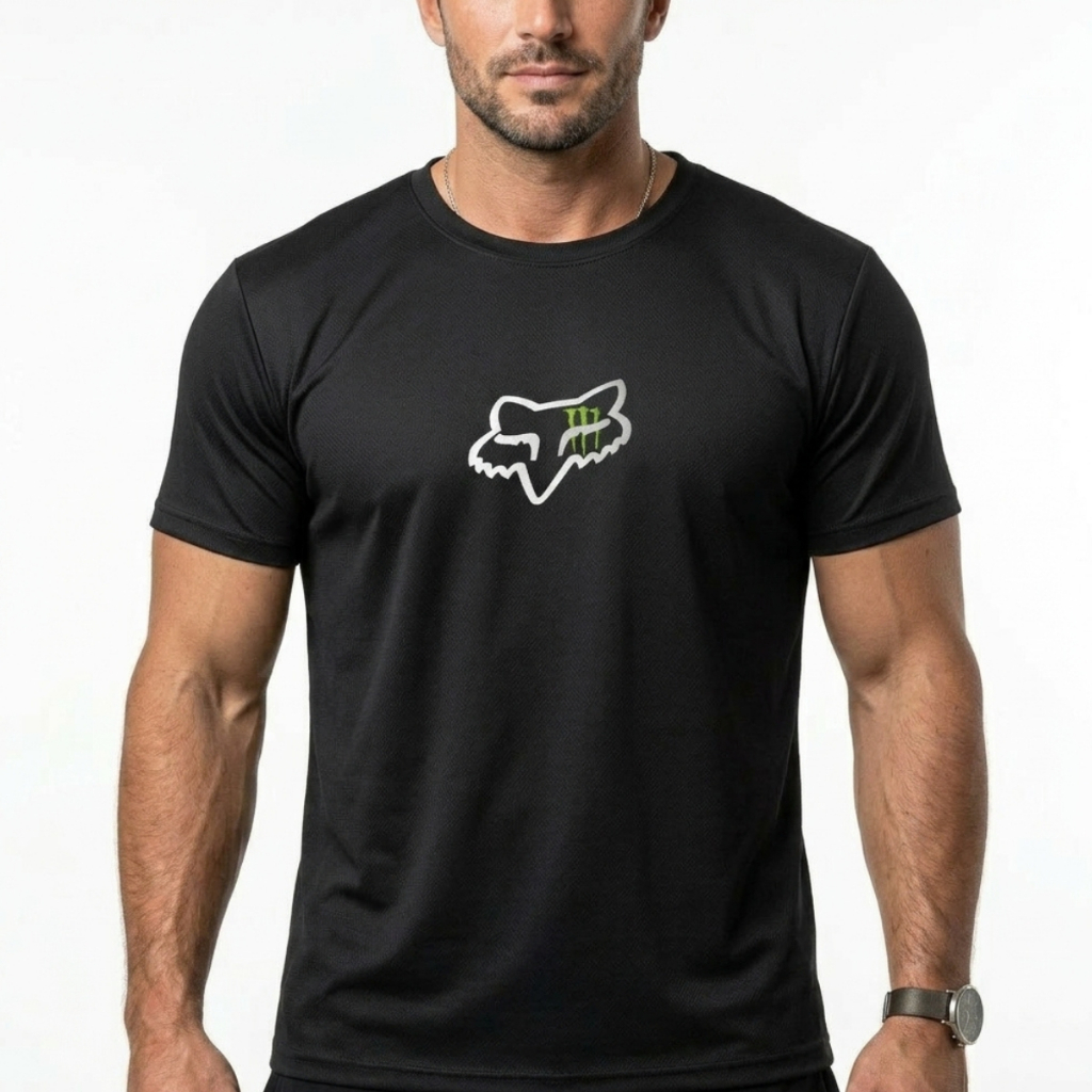 Camiseta Masculina Dry Fit com Elastano Foxx Prata Esportiva Manga Curta Academia