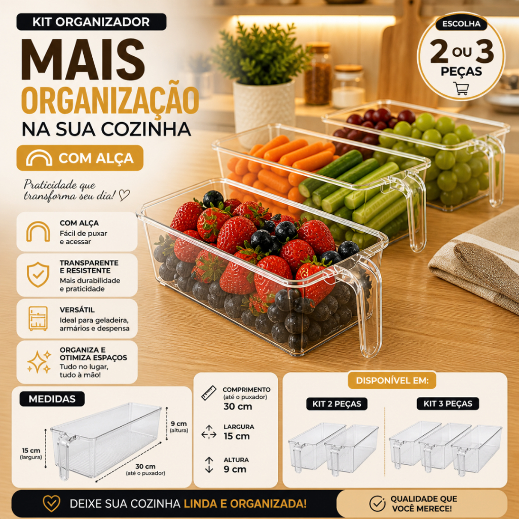Kit Organizador De Geladeira Plastico Com Alça Puxador Multiuso Transparente Cozinha Armário Banheiro Lavanderia