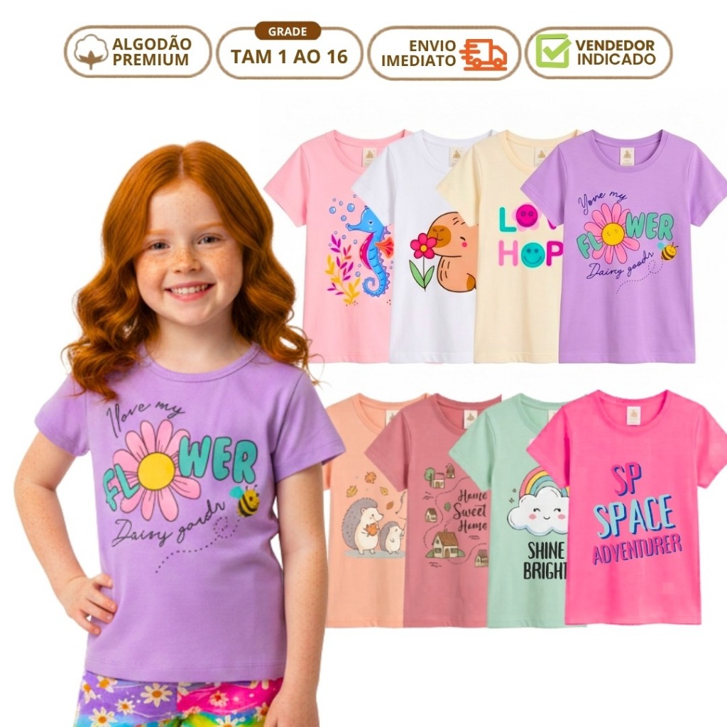 Kit 3 Camiseta Manga Curta Feminina Infantil Regata Menina Bebê Verão Algodão 1 ao 16