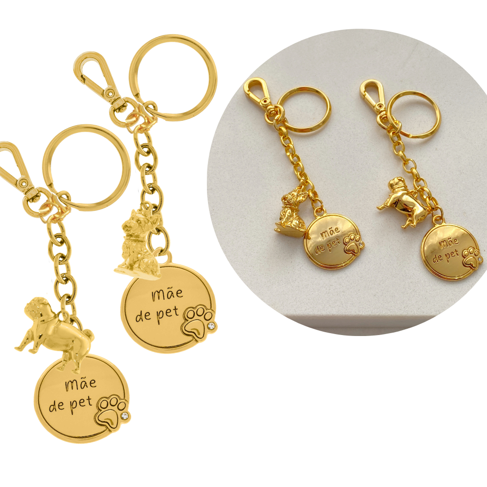 Chaveiro Mãe de Pet Pingente Cachorro Yorkshire ou Pug Dourado