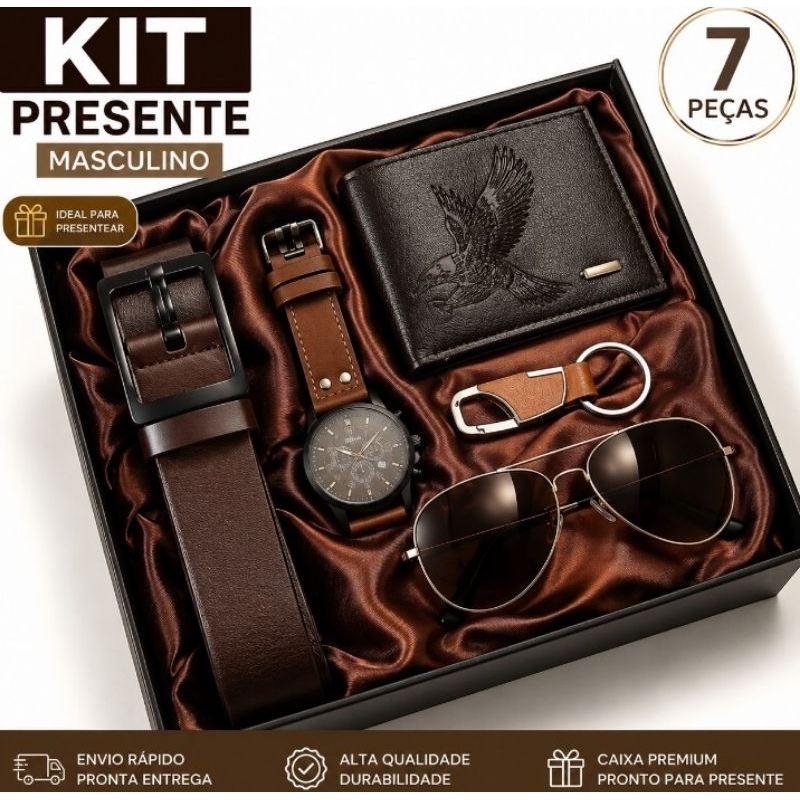 7 Peças/Conjunto Relógio Masculino, Carteira, Cinto, Óculos, Chaveiro,LED, Presente Cartão de Saudação Caixa,Aniversário