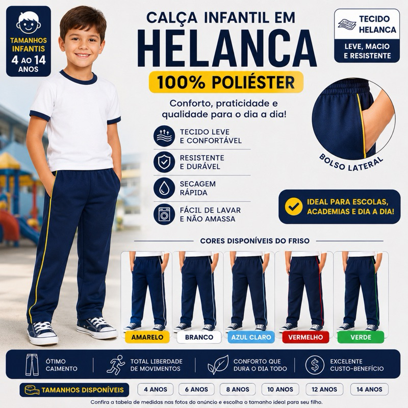 Calça Infantil Escolar Helanca 100% Poliéster Com Friso Uniforme Infantil 4 ao 14