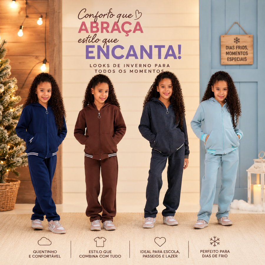 Conjunto Moletom Infantil e Juvenil Feminino com Zíper e Capuz – Tamanhos 10 12 14 – Inverno Confortável, Cores Variadas