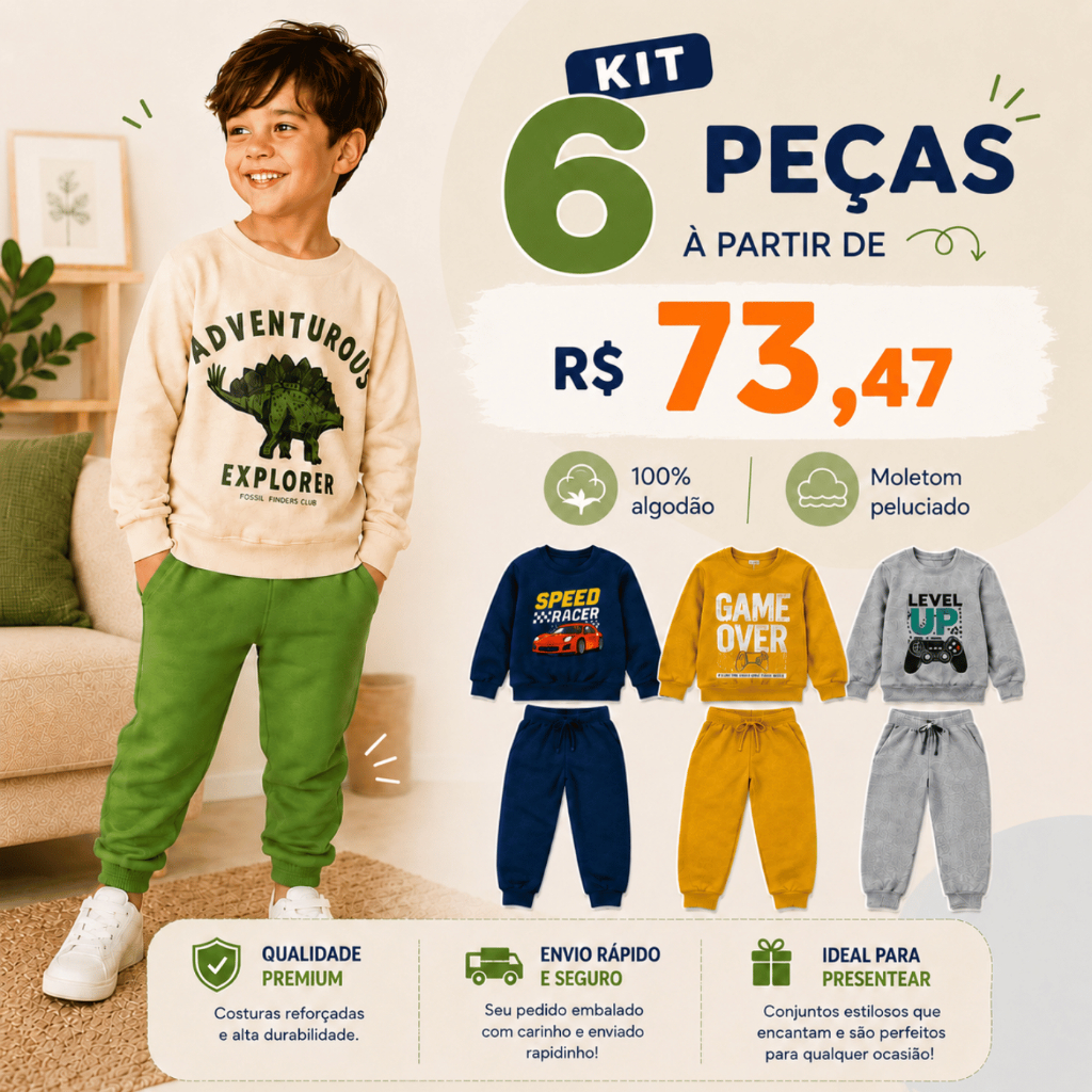 Kit 6 Peças Conjunto Moletom Infantil Masculino Inverno 3 Casacos + 3 Calças Menino