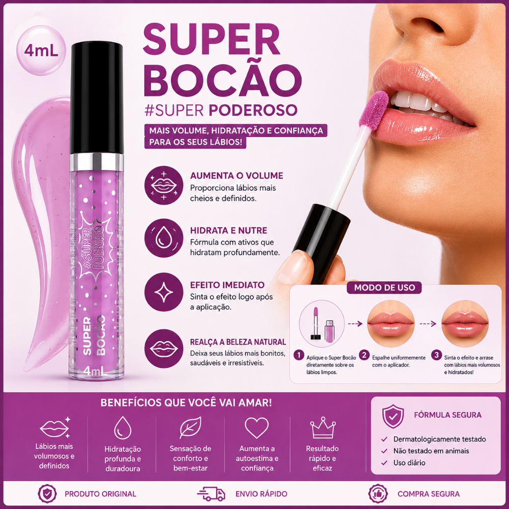 Gloss Labial Aumenta Volume Super Bocão 4ml – Efeito Preenchedor Imediato, Hidratante e Brilho Intenso
