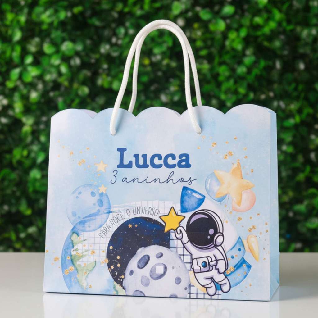 Kit Sacolinha Papelaria Personalizada Astronauta Azul Sacola de Lembrancinha para Festa Aniversário