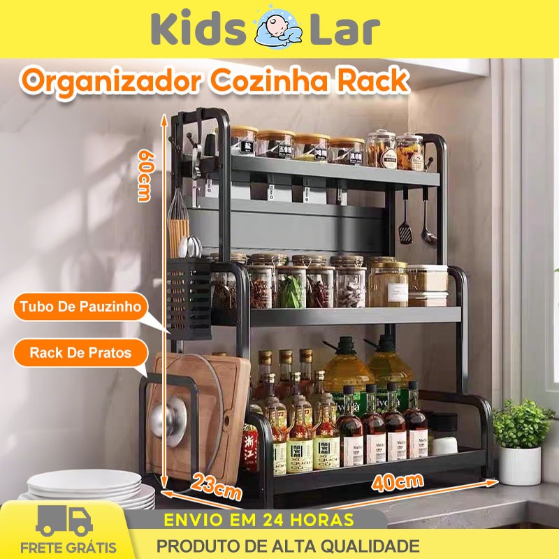 Organizador de Parede para Cozinha 2 /3 Andares Aço Reforçado p Temperos Utensílios e Facas