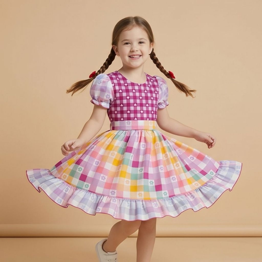 Vestido Infantil Festa Junina Rosa Colorido Junino 2026 Rainbow Menina Caipira Quermesse São João Dança Menina